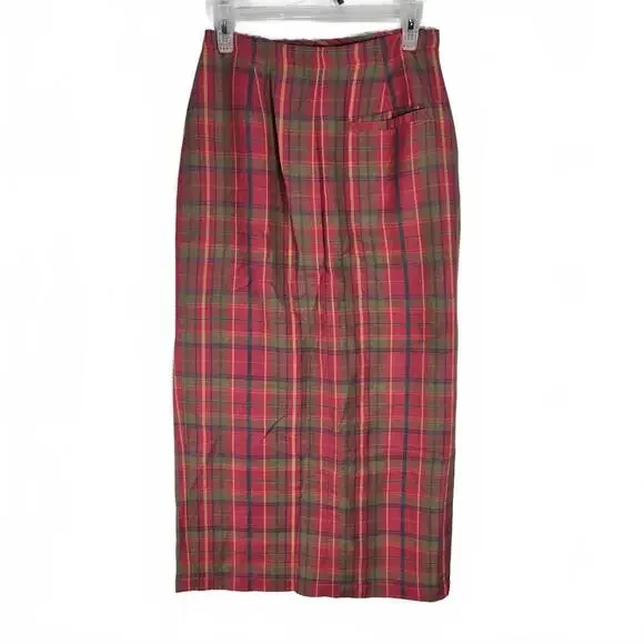 GAP Vintage Plaid Linen Maxi Skirt Red Pink Yellow Button Side Split Size 6 - Picture 2 of 9